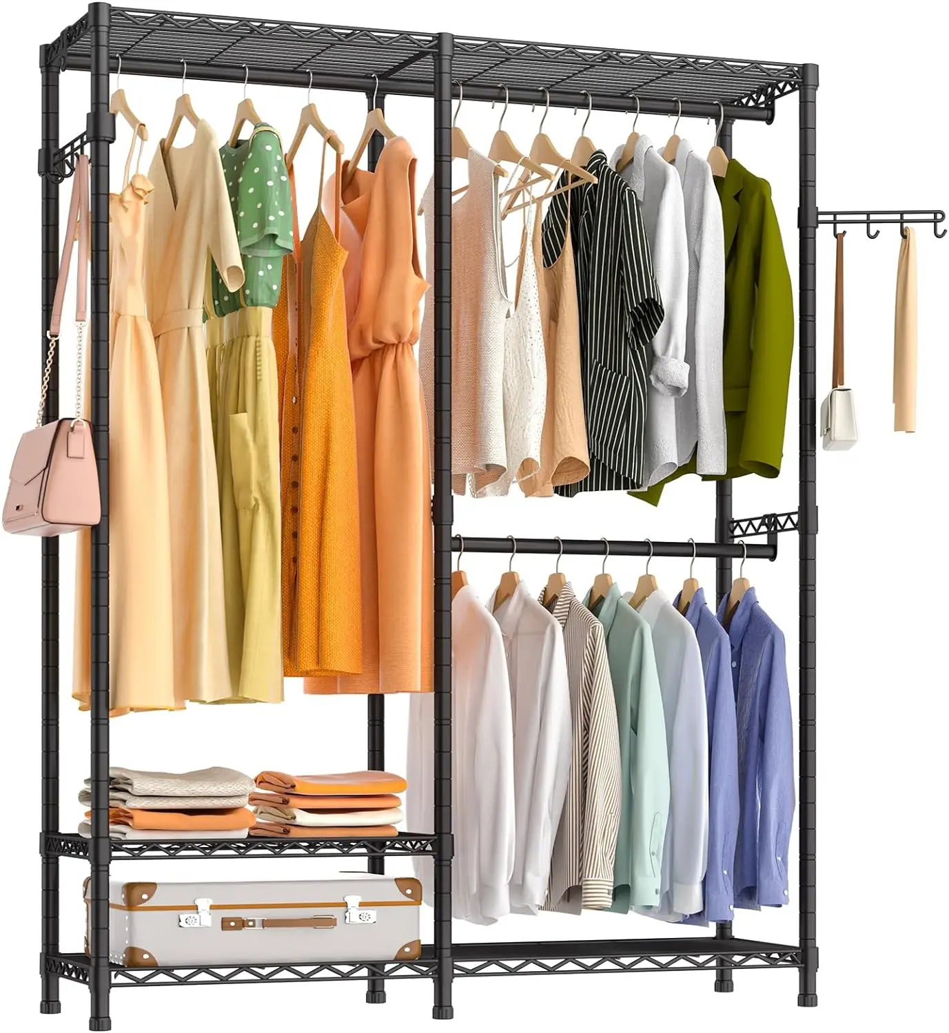 

Heavy Duty Garment Rack, Metal Closet Organizers and Storage, Wardrobe Clothing Racks for Hanging Clothes, 3 Tiers Adjustable