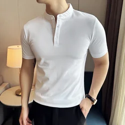 Men Chinese Standing Neck Polo Shirt 2024 Summer New Thin Solid Color Casual Short Sleeved Elastic Slim Fit T-shirt Men Clothing