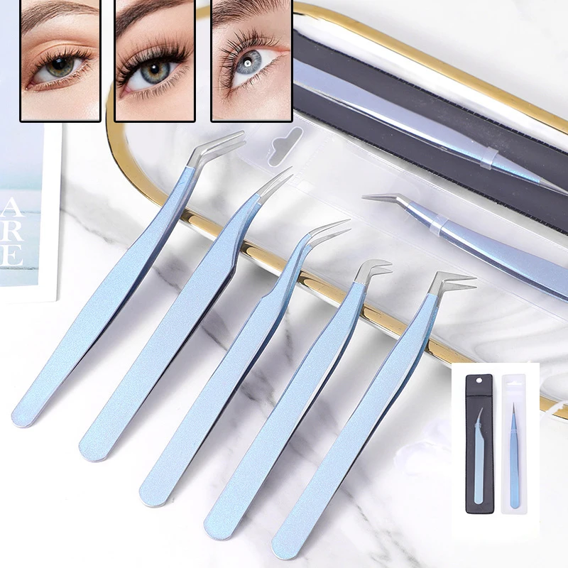 Wimpernpinzette für Wimpernverlängerungen, blauer Farbverlauf, Edelstahl, professioneller hochpräziser Clip für Volumenfans, Make-up