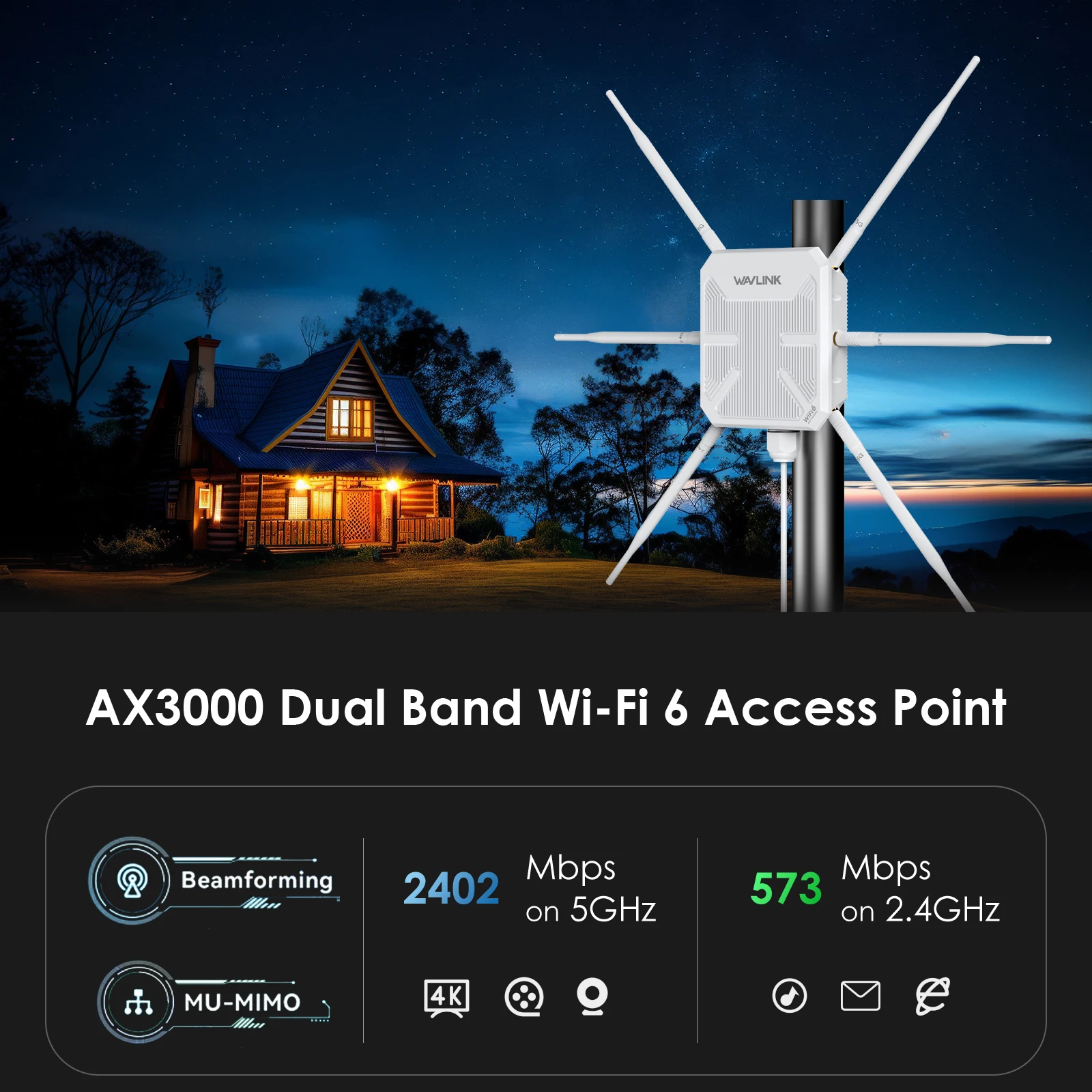 WAVLINK High Power WiFi6 Long Range Outdoor Access Point Dual Band 2.4G+5G WiFi Mesh Extender Booster with PoE IP67 Weatherproof