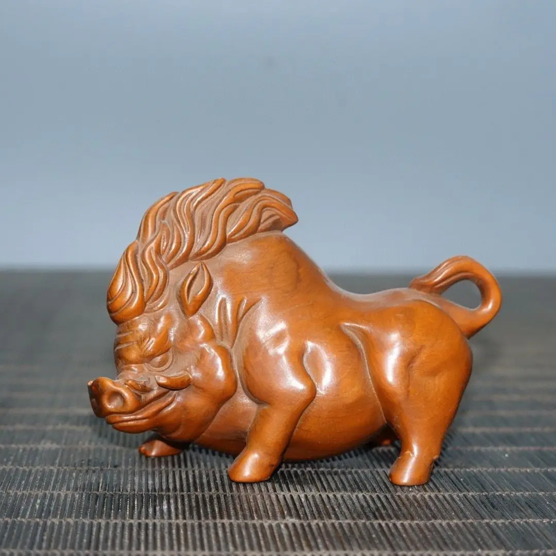 Hand Carved Wood animal fierce wild boar pig Statue Figurine Desktop Ornaments Home Decoration Crafts Tea Pet Decor
