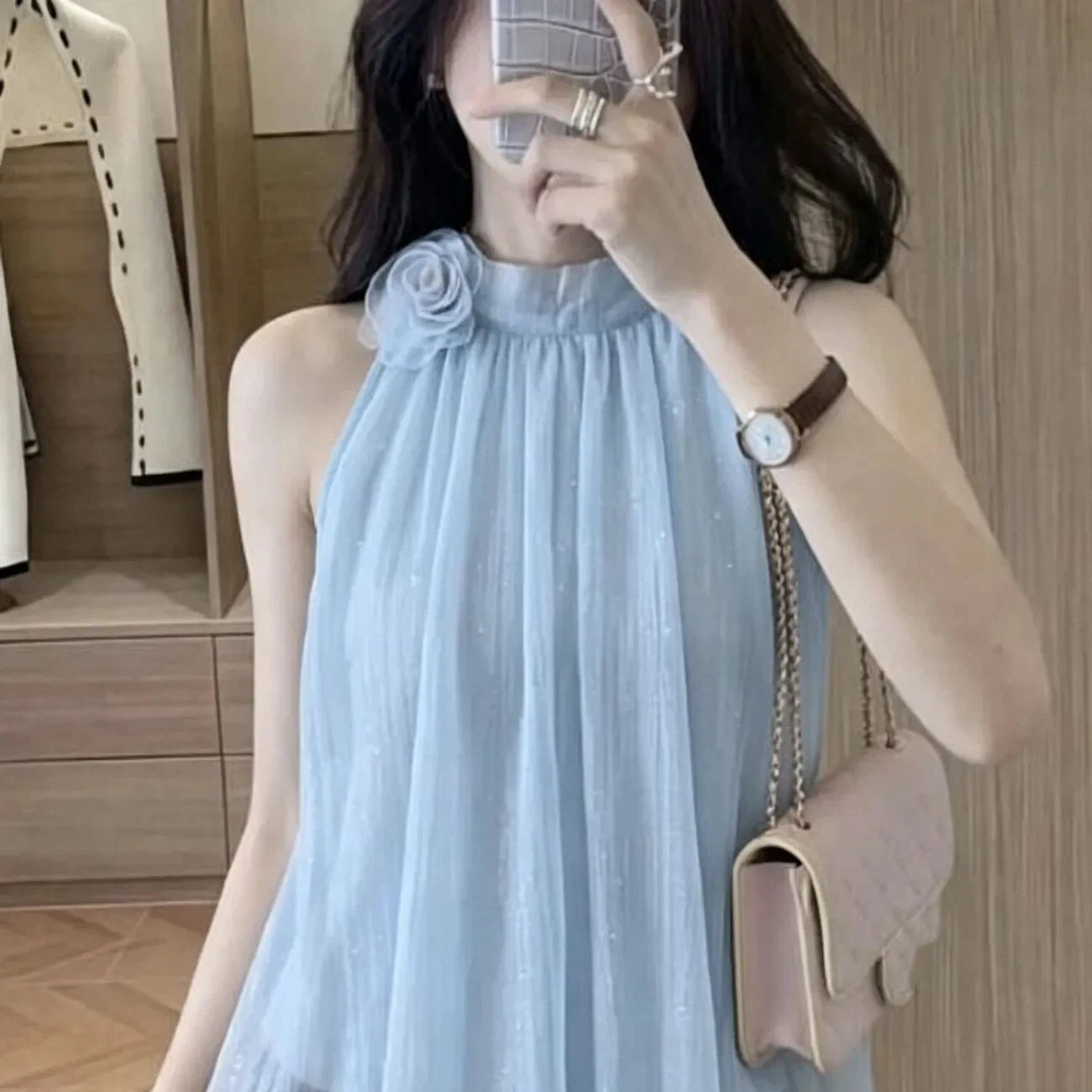 

Light Blue Floral Applique Halter Neck Sleeveless Loose Top Summer Beach Wear Women's Sweet Style T Shirt