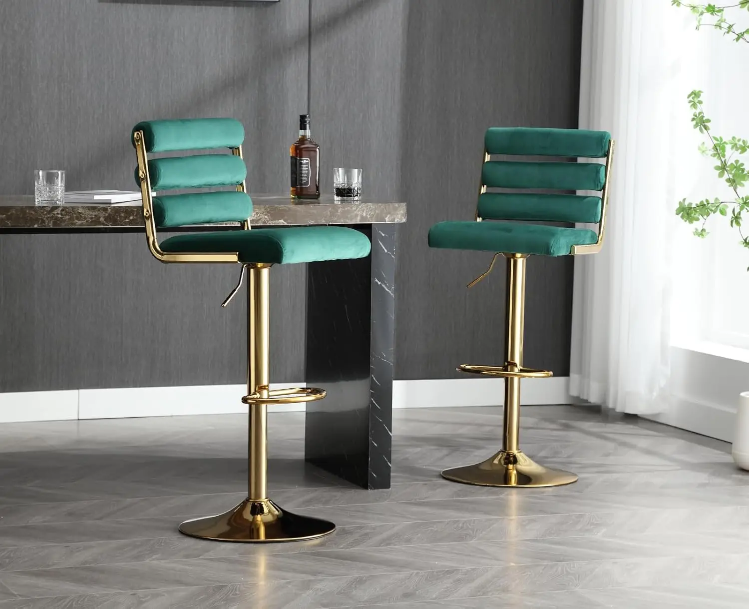 CIMOTA Swivel Bar Stools Set of 4 Modern Adjustable Bar Stool Velvet Tall Barstools with Open Backs/Gold Base Square Counter