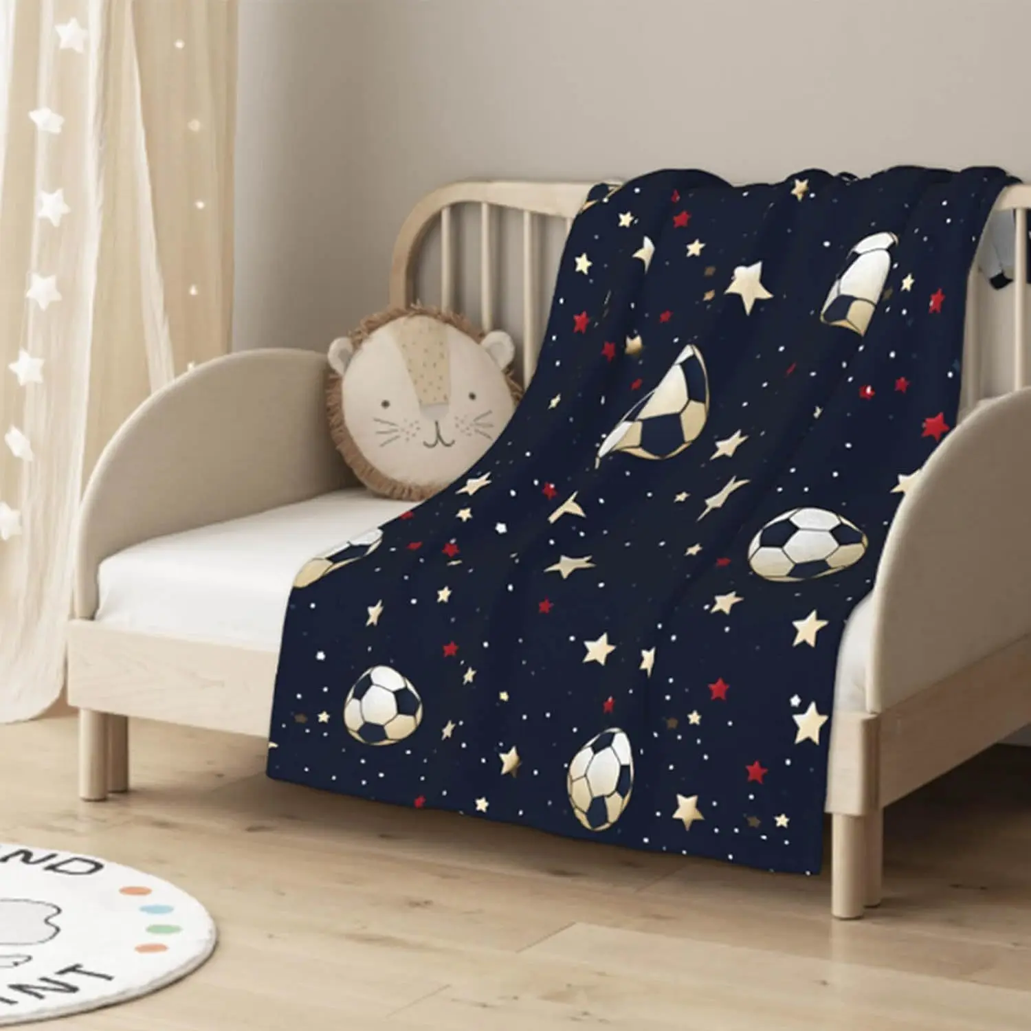 Football and Star Navy Blue Night Sky Boys and Girls Throwing Blanket, Seamless Thin Throwing Blanket for Children