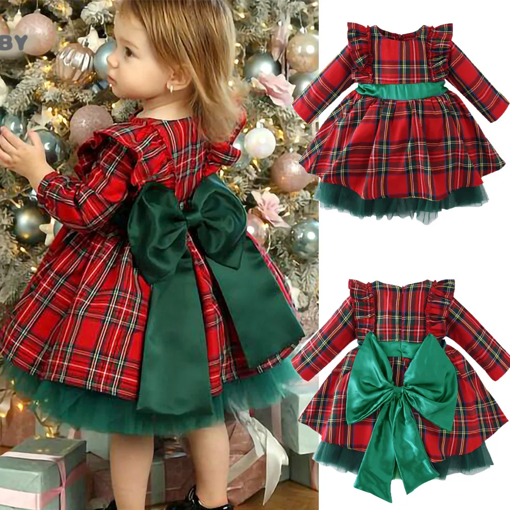 Toddler Kids Spanish Dress Girls Christmas New Year Party Red Dresses Baby Big Bow Ball Gown Children Birthday Party Plaid Frock