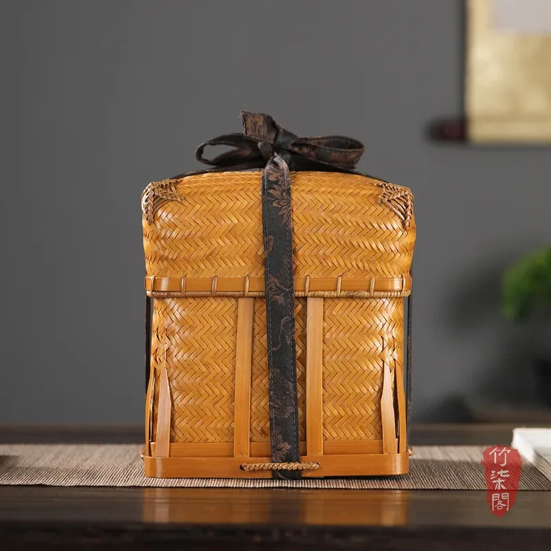 Hand Woven Bamboo Tea Storage Box With Lid Retro Style Natural Organizer Basket For Loose Leaf Tea Set Home Decor Gift