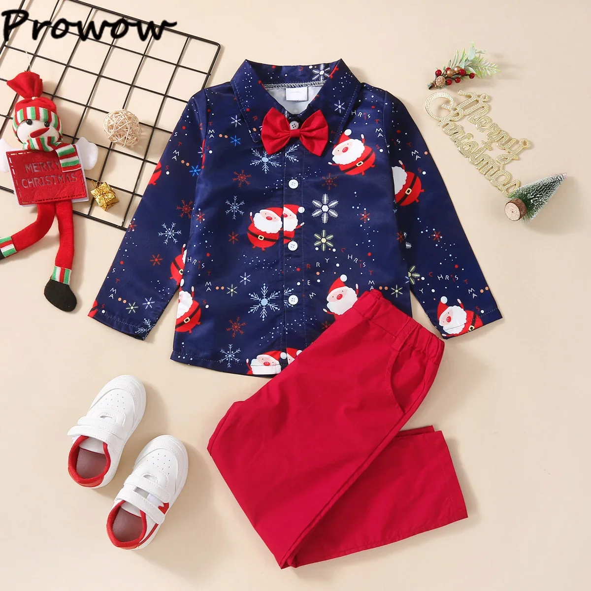 Boys Christmas Outfits For Kids Baby Festival Clothing Short/Long Sleeve Gentleman Shirts+Red Pants New Year Children's Costume