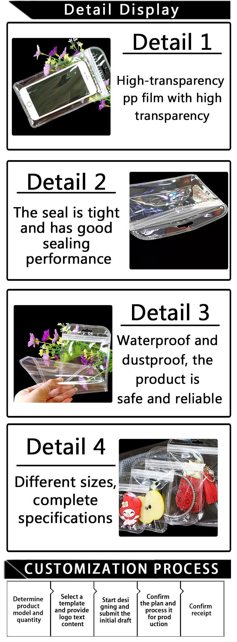 50 Stück Handyhüllen-Selbstverschlussbeutel, Silikon-Handyhüllen-Verpackungsbeutel, transparente Plastik-Geschenkbeutel für den Urlaub, unterstützt individuelles Logo – Detail 3