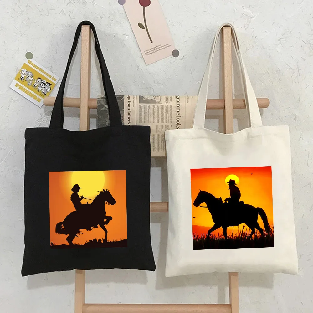 Animal Horse Wild Spirit Cute Sunset Horses Portrait Sky Women's Canvas Tote Bags Shopper Shoulder Shopping Cotton Lady Handbags