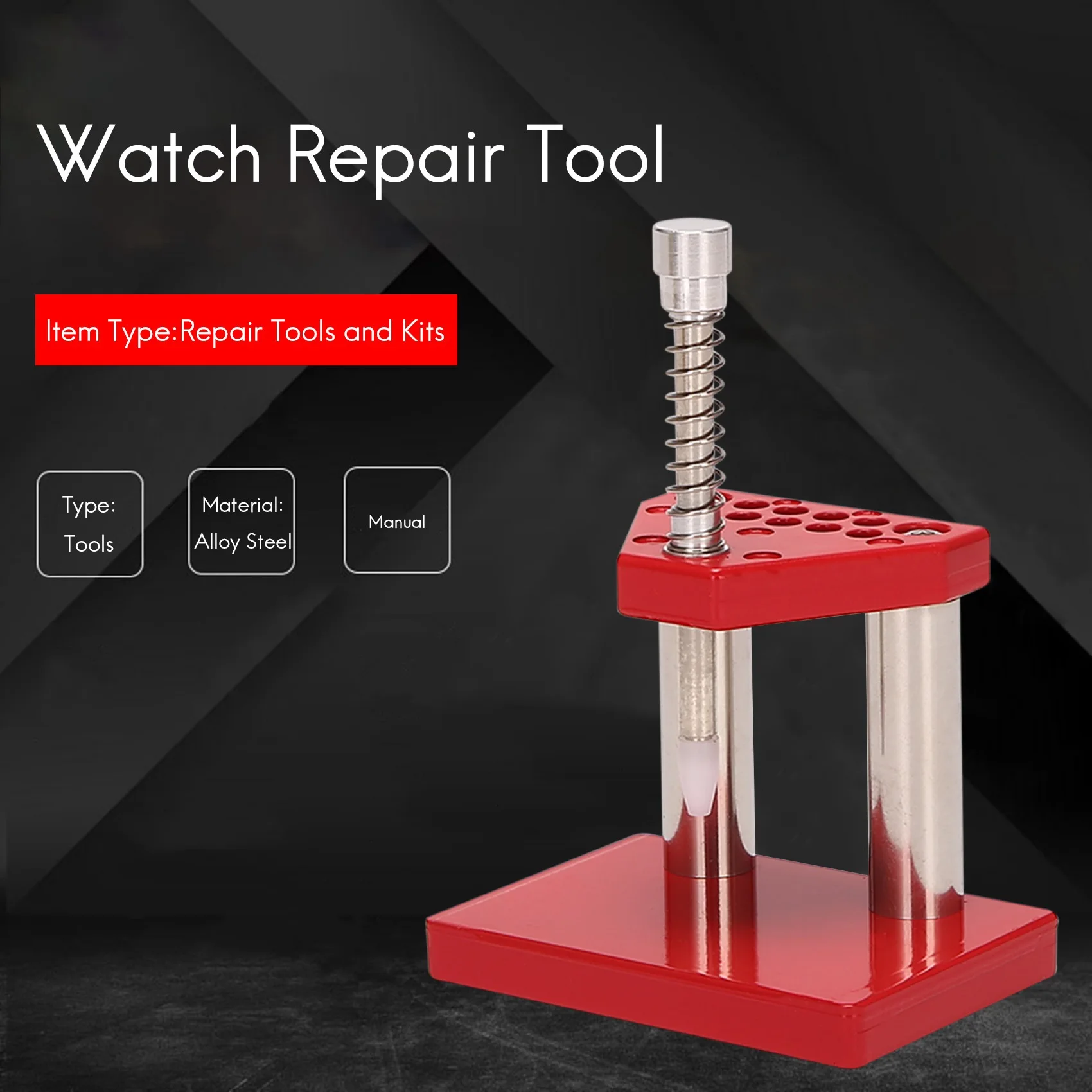 Kit d'outils de réparation de montre avec 10 matrices en plastique, ensemble d'outils à main, extracteur de piston à main, ensemble de mains, installateur, acier allié solide, rouge