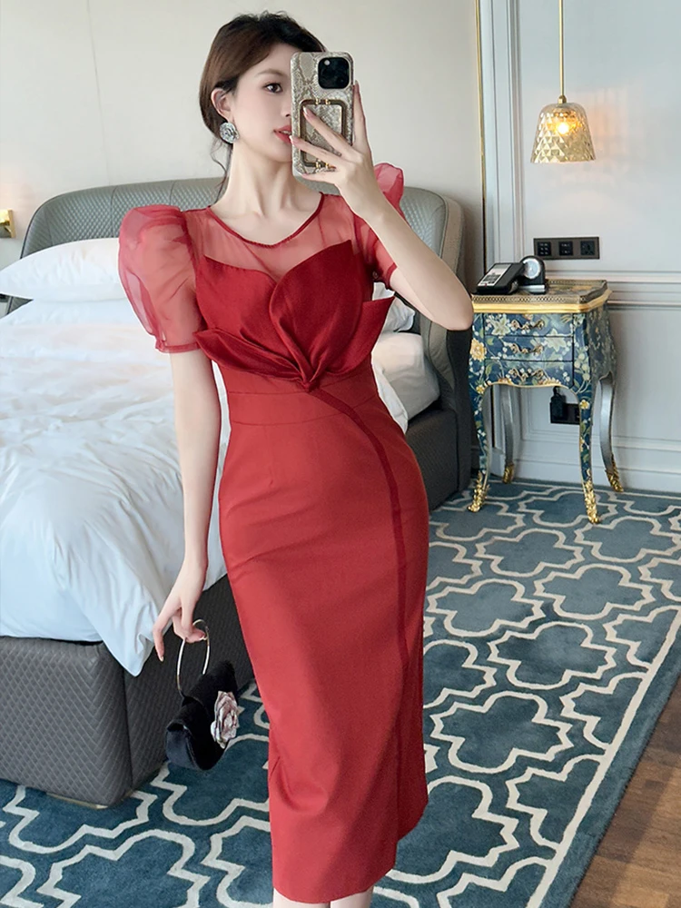 Vestidos de festa formais elegantes franceses para mulheres, requintado, socialite, pétala, malha transparente, manga bolha, midi, robe, data de casamento