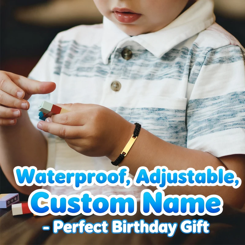 Personalized Name Bracelet for Girl Boy Child, Adjustable Braided Rope Custom ID Tag Bracelet, Engrave Birthday Christmas Gift