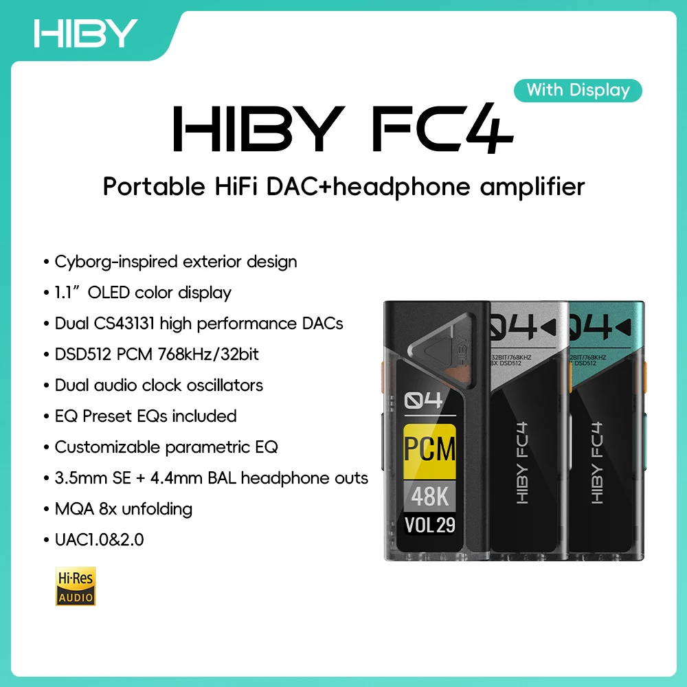 

HiBy FC4 HiFi USB DAC Headphone Amplifier Dual CS43131 AB1565 Decoder PCM768 DSD512 3.5/4.4mm Output for Android iOS Mac Win10