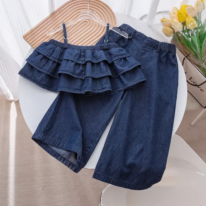 Korea 2024 Summer Fashion Kids Clothes for Girls Cake Hemline Suspender + Wide Leg Pants 2 Piece Set Denim Suspenders Dress Suit