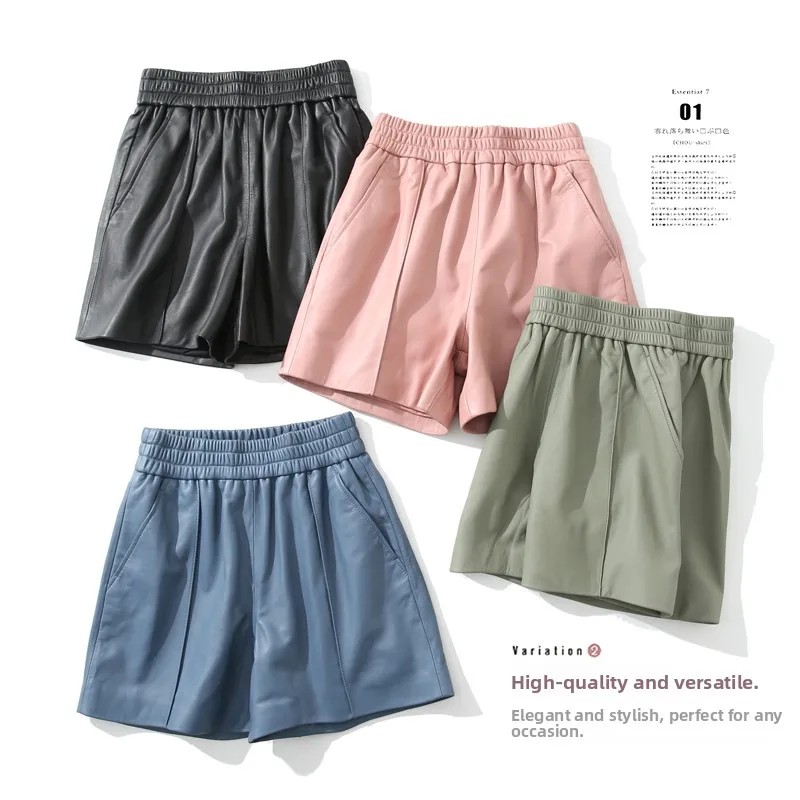 

Women's Genuine Leather Shorts Wide Leg Sheepskin Pants Sewing Thread Short Sleeve Commute Style Navy Collar Autumn Fashion