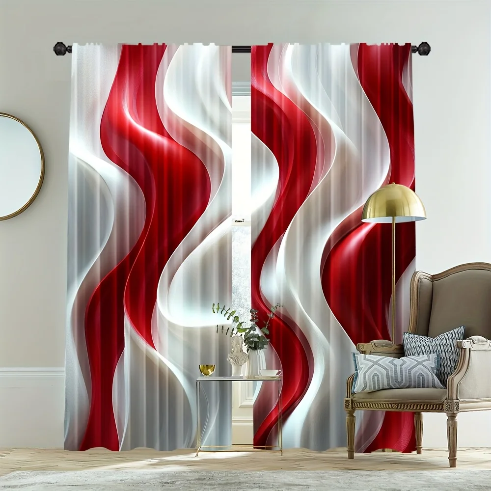 3D Red White Wave Gradient Curtains 2 Panels, Glossy Abstract Wavy Stripe Modern Minimalist Luxury Living Room Curtain