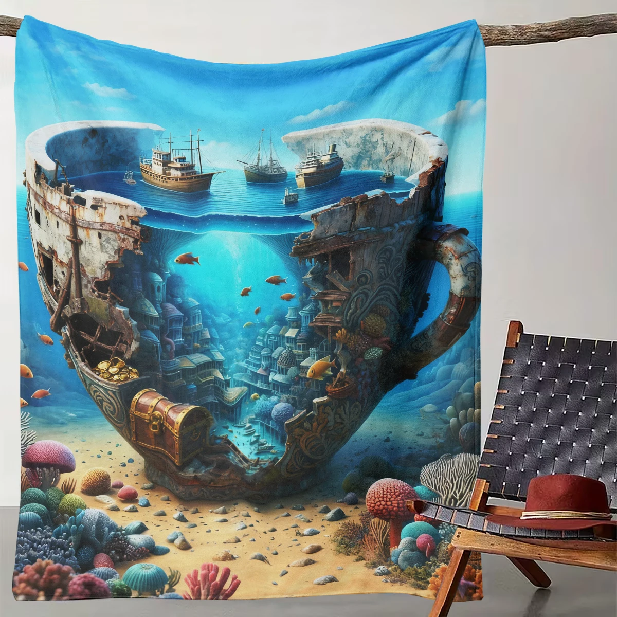 

1 Piece Underwater Teacup Secret Adventure Throw Blanket, Suitable for Camping, Living Room, Office, Chair, and Bed