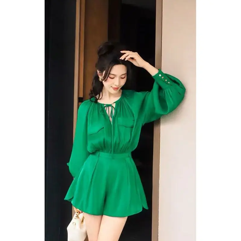 

Miiiix Design Sense Autumn Silk Satin Thin High Waisted Sun Protection Jumpsuit Shorts V-neck Waist Green Jumpsuit Shorts