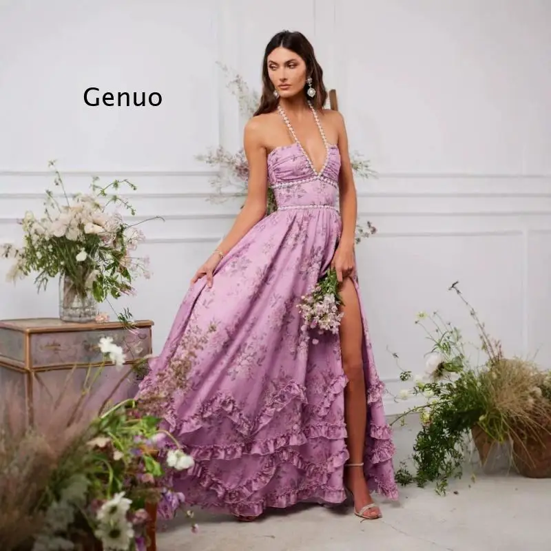 Vestido elegante de verano para mujer, vestido con cuello colgante de perlas y temperamento, estampado de flores bohemias, corte ajustado, vestido largo con abertura Sexy para vacaciones