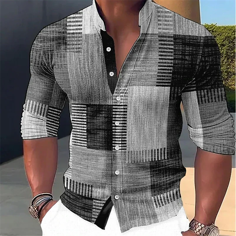 2024New Men\'s Retro Patchwork Shirt Gradient Stand Up Collar Outdoor Street Long Sleeved Button Casual Breathable Shirt XS-6XL