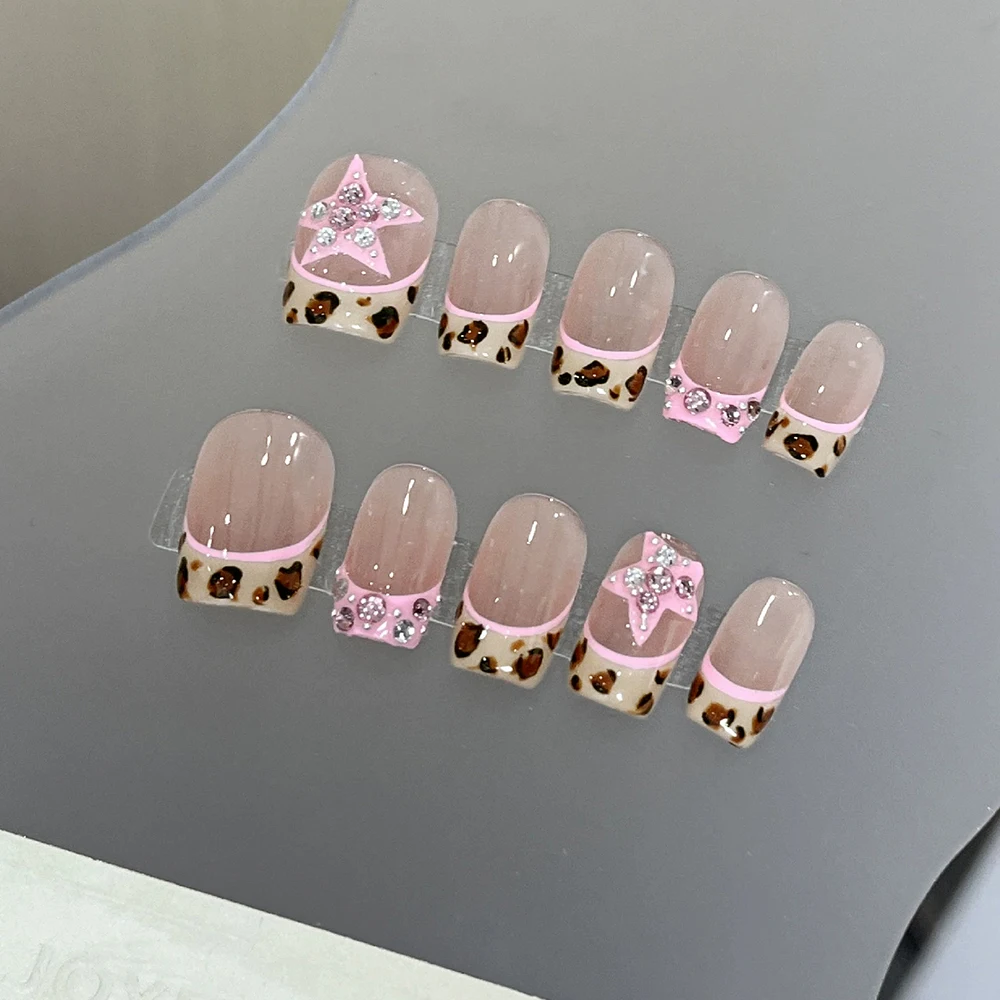 

10pcs Y2K Short Press on Nails Pink French Handmade Fake Nails with Shiny Star Diamond Decoration Elegant False Nails