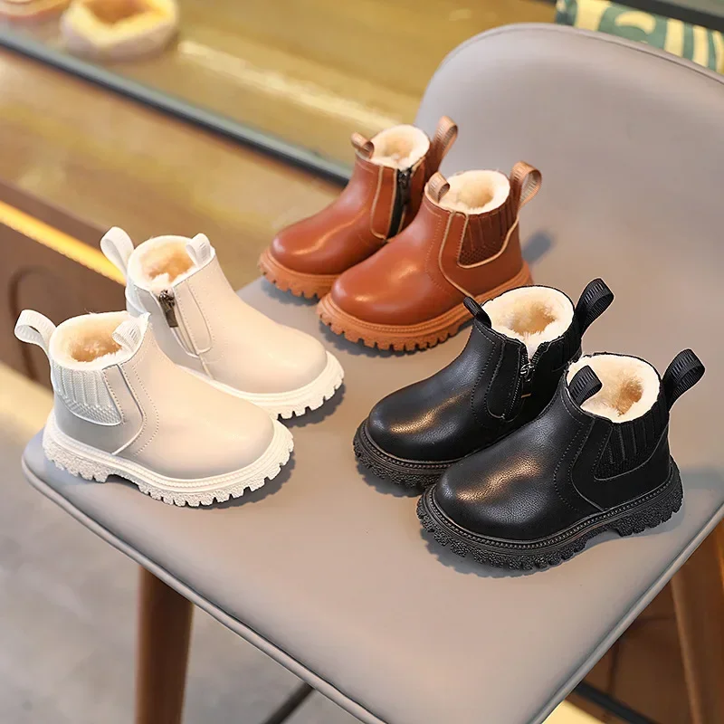 Winter Kids Leather Shoes Boys Snow Boots Plush Warm Baby Girl Shoes Non-slip Short Boots