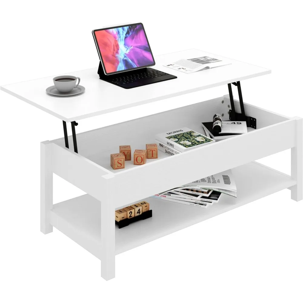 Coffee Table, Lift Top Coffee Table with Hidden Compartment and Open Shelf, Lift Tabletop Pop-Up Coffee Table for Living Room