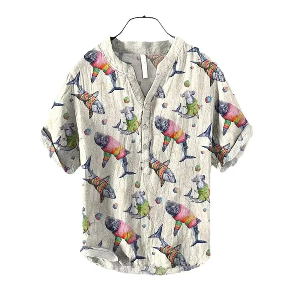 New comfortable fabric short sleeve V-neck octopus shirt popular in Europe and America men's 3 button linen top