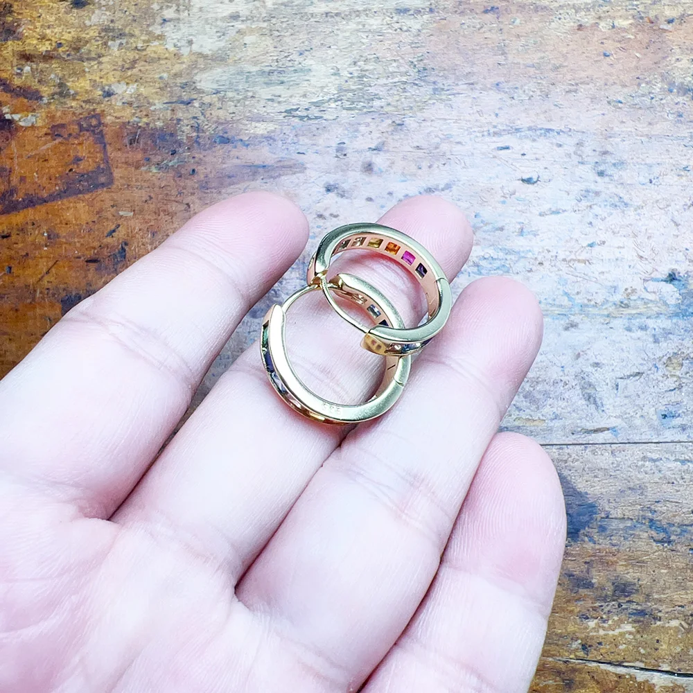 Gold Hinged Hoop Earrings Sparkling Rainbow Fine Jewerly For Women Bohemia Gift In Solid 925 Sterling Silver