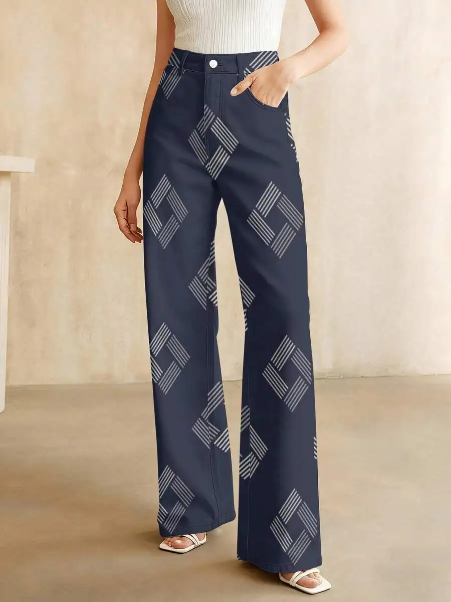 

High-Waist Geometric Print Denim Pants Women Casual Straight-Leg Trousers Summer