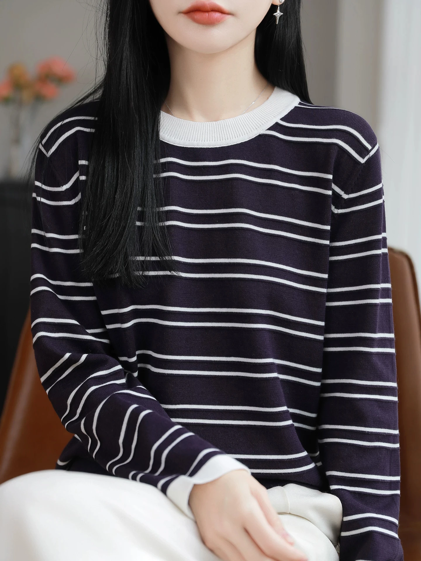 Pure Cotton Knitted Long Sleeve round Neck Sweater Women's Loose Inner Wear Stripe Color Block Autumn Winter New Style Top