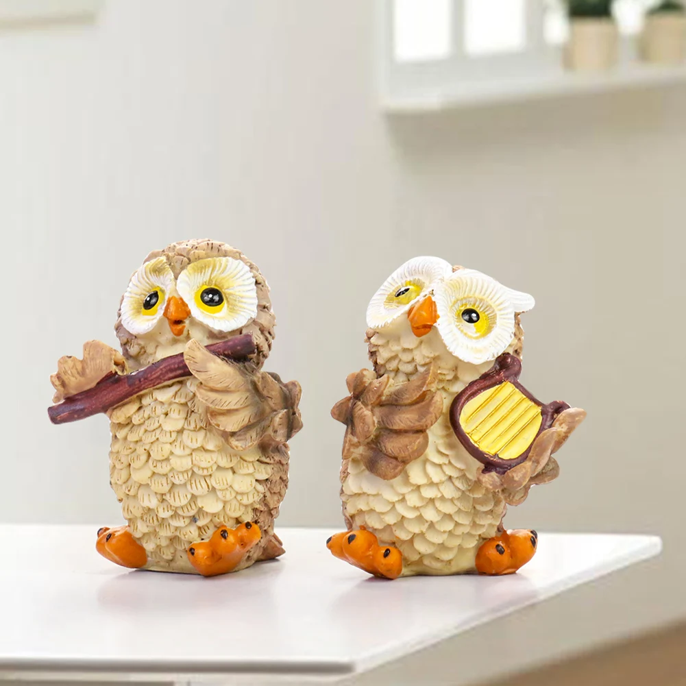 Kawaii Music Bird Owl Violin Cello Flute Finger Piano Band Plays Resin Ornament Figurines Crafts Wedding Party Desk Gifts Decor