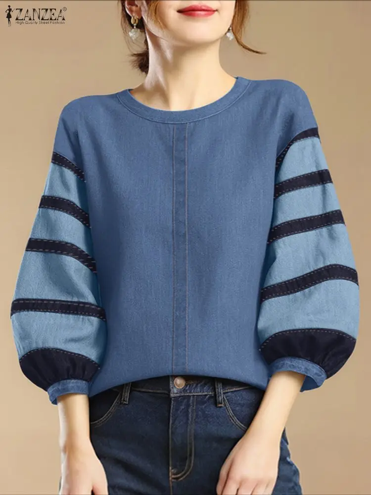 ZANZEA Autumn Blouse Women Stylish Contrast Color Blouses Elegant 3/4 Lantern Sleeve Work Shirt Casual O Neck Blusas Tunic Femme