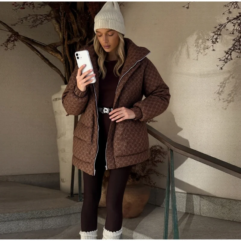 Upgraded Thickened Allover Printed Mid Length Padded Coat Stand Collar Drawstring Waist Windproof 2026 Winter Women Outer Jacket