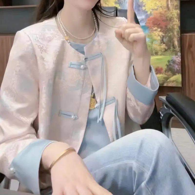 

New Chinese Style Women's Long Sleeve Printed Jacket with Button Contrast Color Spring Sweet Top Quality Fashionable