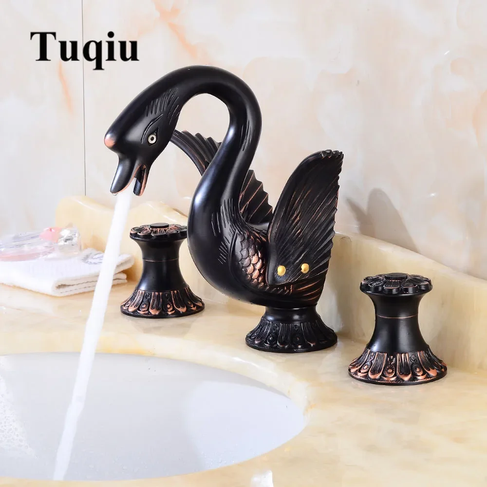 New Arrivals Deck-mounted Widespread Golden/Black Oil 3 Pcs Bathroom Swan Basin Faucet Lavatory Basin Sink Mixer Luxury Style