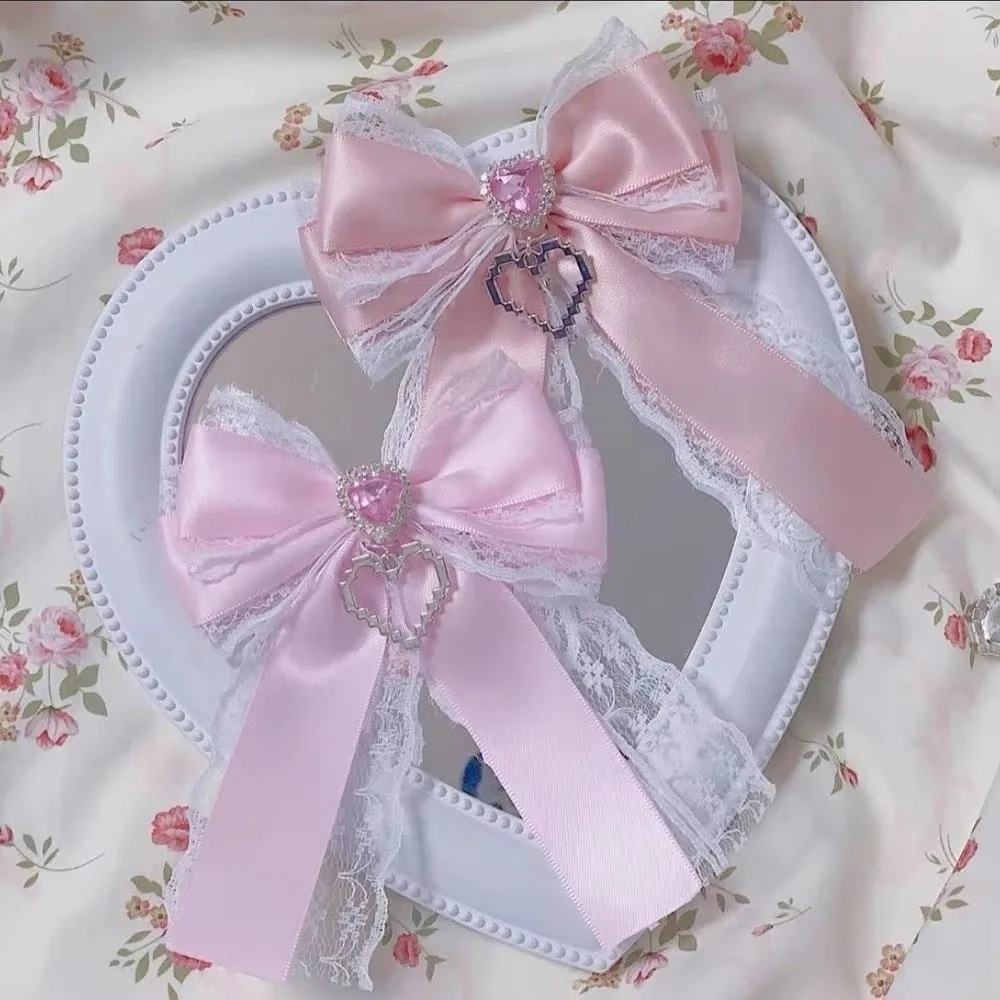 1/2PCS Ribbon Lace Bow DIY Ribbon Bowknot Kit Heart Diamond Clip Bling Heart Lolita Backpack Charm Double Layer Bow Pendant