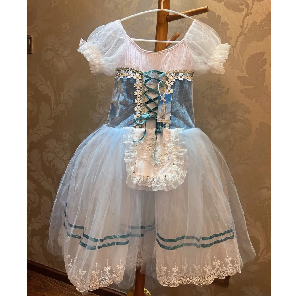 

Балетное платье Giselle для девочек, профессиональное романтическое синее кружевное платье-пачка с жемчугом, длинная юбка, костюм для взрослых женщин, платье балерины
