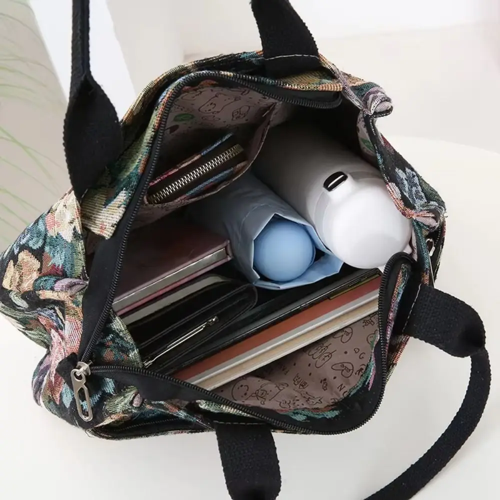 Tragbare Damen-Tragetasche mit Blumenmuster, verdickte Canvas-Lunch-Tasche mit Reißverschluss, große Jacquard-Handtasche – Detail 7