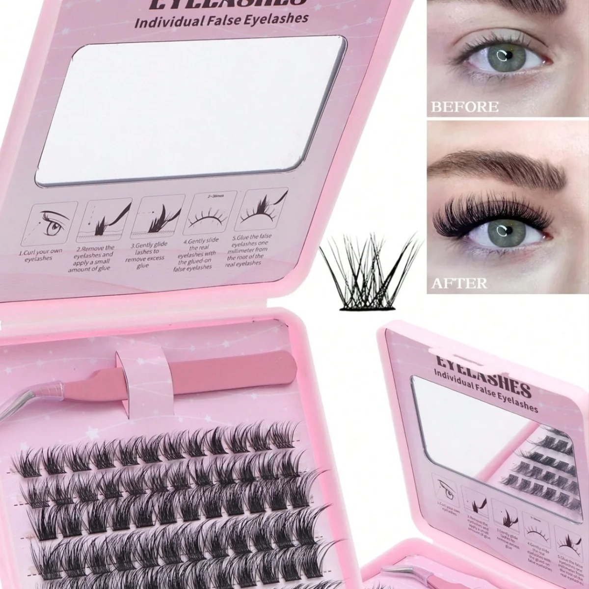 DIY Portable Mirror Segmented Cluster Lashes Stereo Fluffy Cat Eye Soft Dense False Eyelashes for Quick Makeup