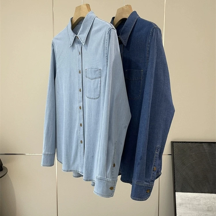 

Ultra-Thin Denim Series Washed Elastic Cotton Collared Shirt Casual Style Straight Tube Long Sleeve Women's Shirt Resistant t...