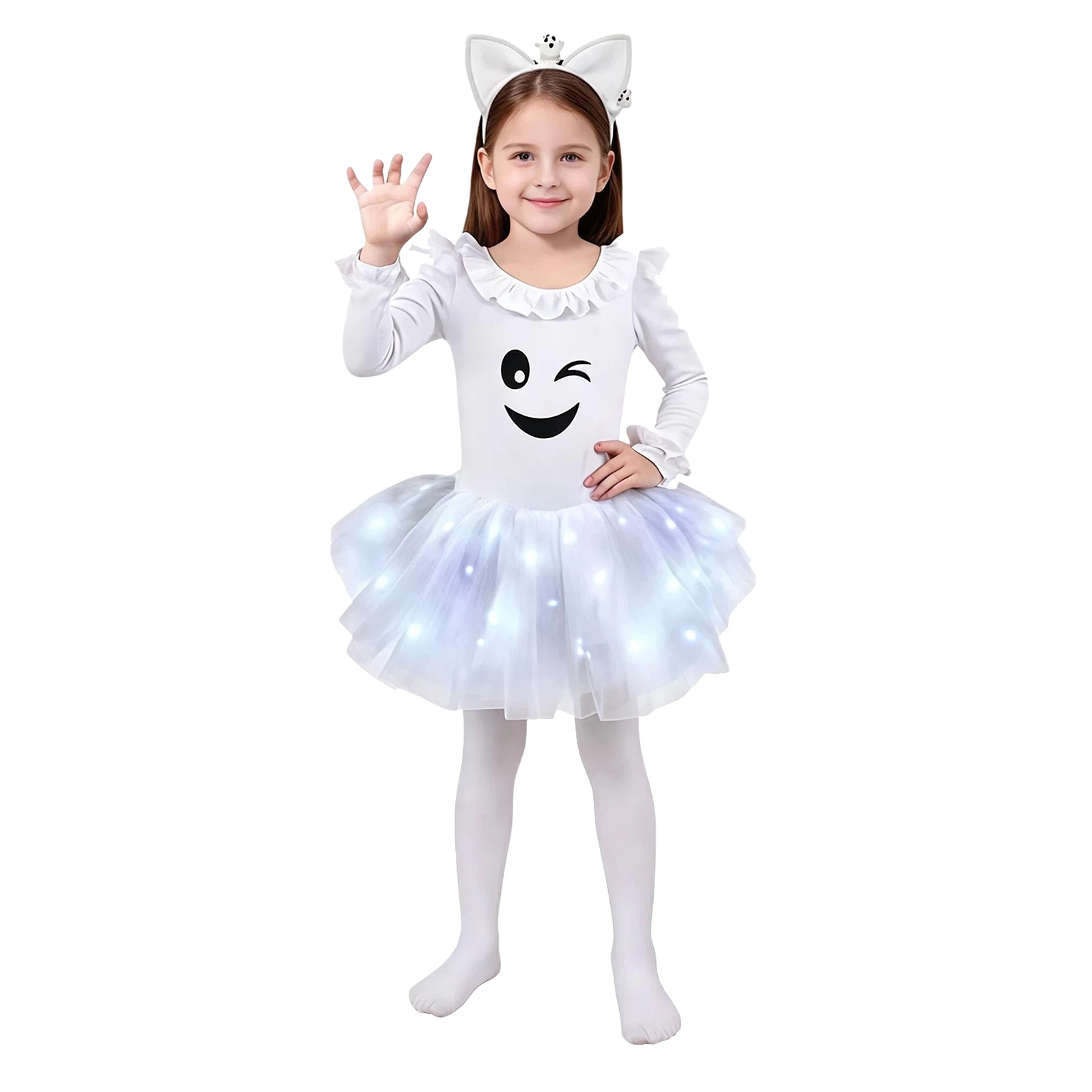 Girls Halloween Cute Cat Costume Bodysuit with Mesh Tutu Skirt Headwear Tail Stockings for Dress Up Party Stage Performance