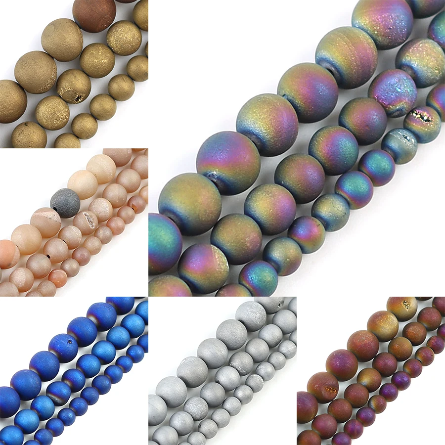 Matte Drusy Clusters Crude Metallic Coated Agates Round Loose Beads for Jewelry Making DIY Bracelets 15'' 6mm 8mm 10mm