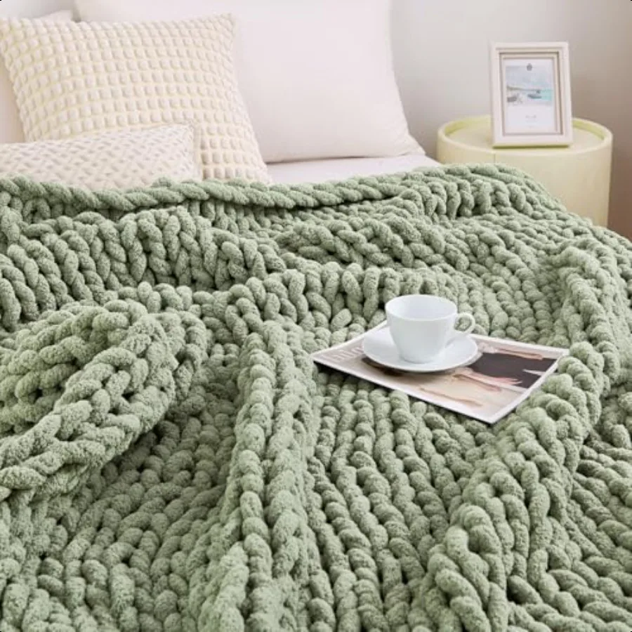 

Chunky Knit Blanket Throw 100 Hand Knit Chenille Throw Blanket for Sofa Home Decor Soft and Cozy Knitted Throw Blankets Sage Gr