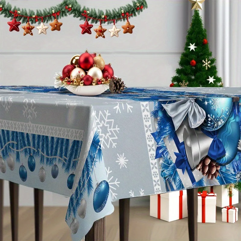 1pc Christmas tablecloth, featuring blue Christmas balloons, bells and bow patterns, with winter snowflakes design.zyc