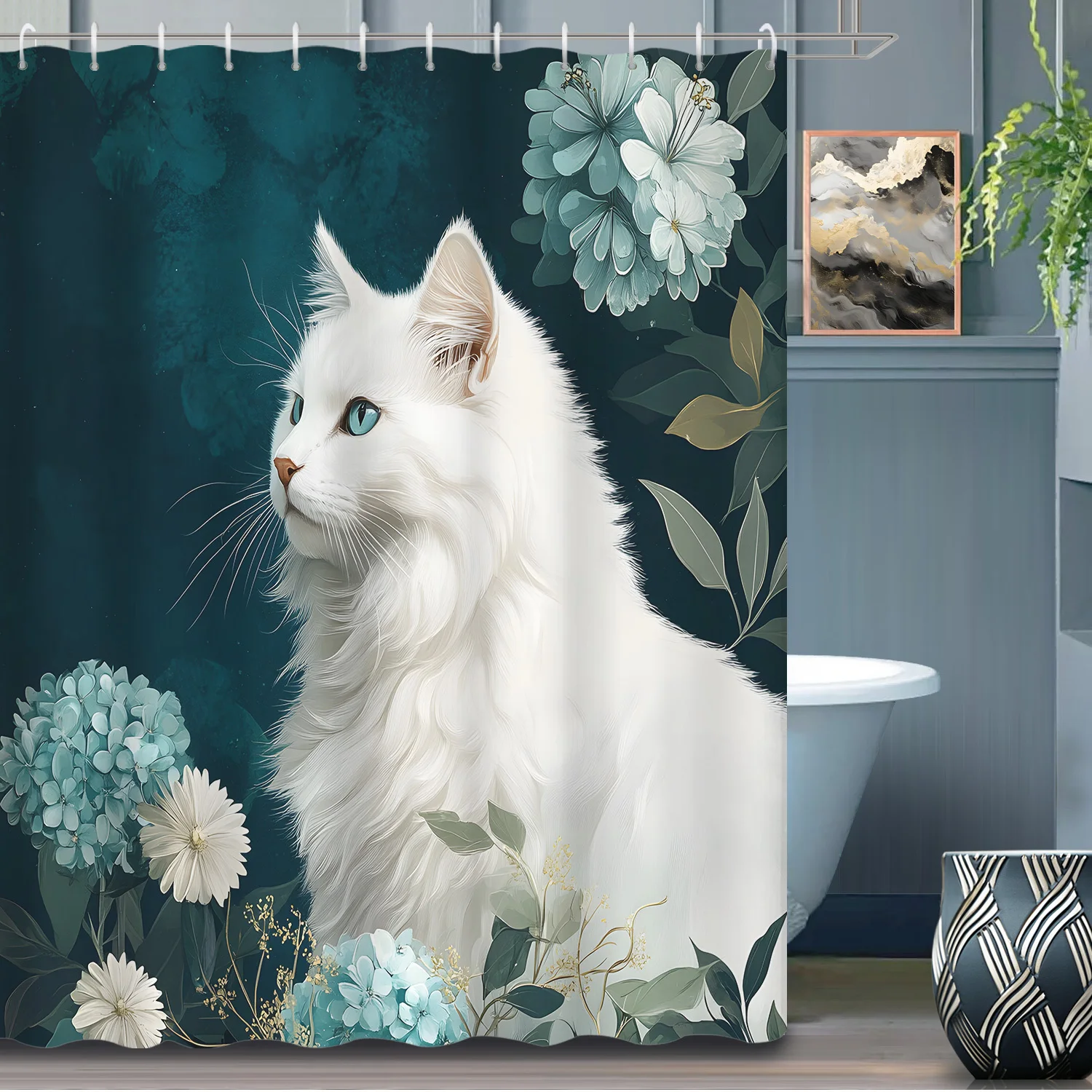

1pc Bohemian Elegant White Cat Pattern Shower Curtain, Vintage Blue Hydrangea Flower and Leaf Decorative Bathroom Partition Curt