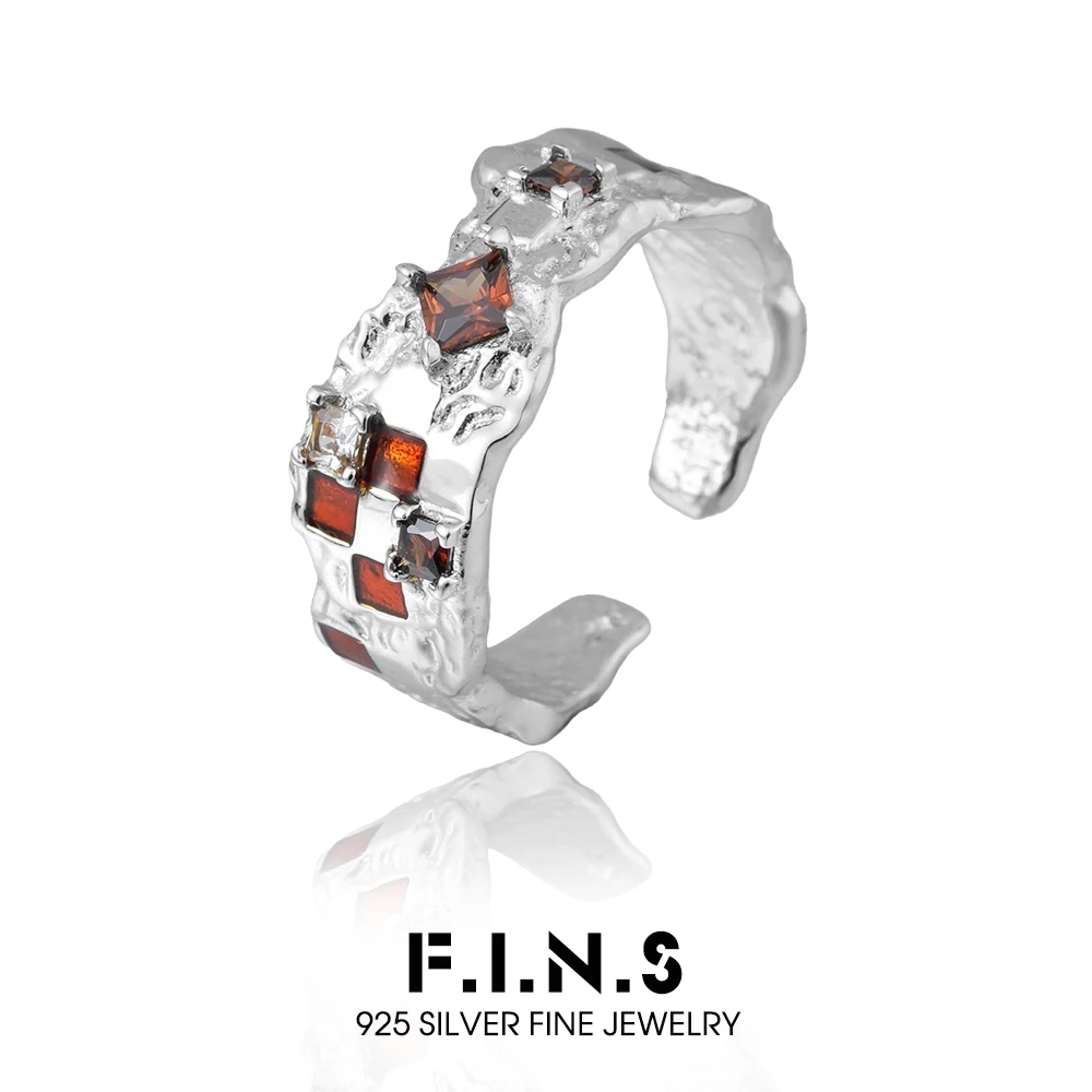 

F.I.N.S Irregular Checkerboard Pattern S925 Sterling Silver Ring Red Drip Oil Zircon Opening Adjustable Finger Fine Jewelry