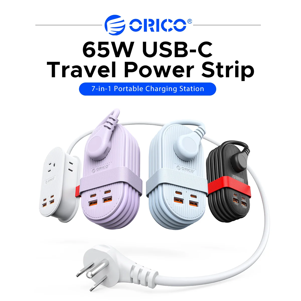 ORICO 65W USB‑C Travel Power Strip 7‑in‑1 Portable Charging Station Winding Cord Design Flat US Plug Extension Socket for Laptop