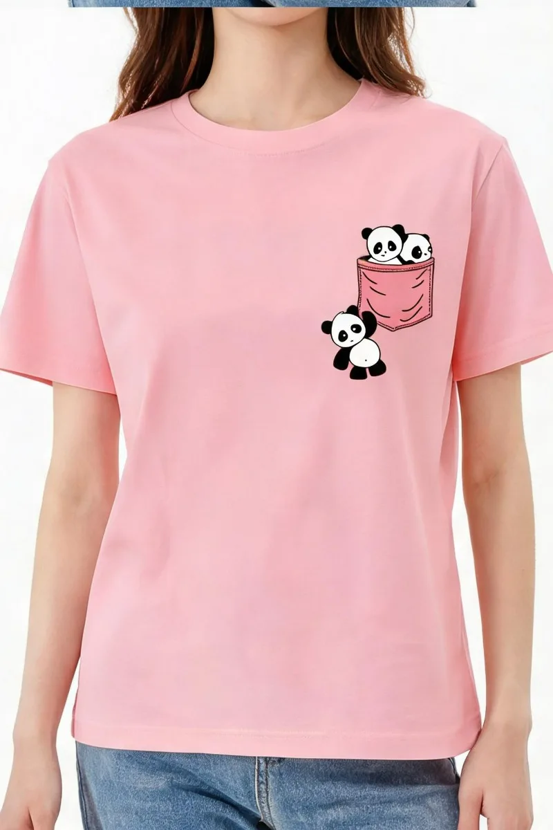 Red Pocket Three Panda Pattern Women 100% Cotton Casual Top O-neck Short Sleeve Sweet Daily Fashion Tops