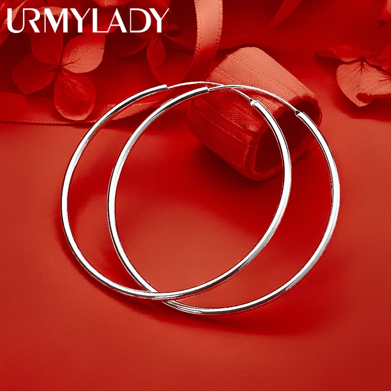 

URMYLADY Fine 925 Sterling Silver 50mm Smooth Earrings for Women Wedding Engagement Party Fashion Charm Jewelry